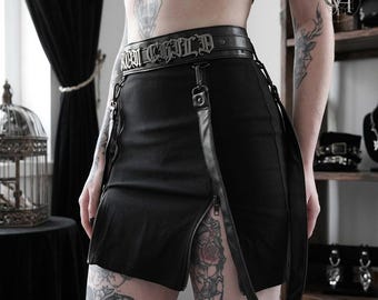 Black Zipper Mini Skirt, Gothic E-girl Buckle Belt, Punk Grunge High Waist Bottoms