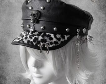 Black Faux Leather Beret, Punk Skull Cap, Animal Print Gothic Military Hat