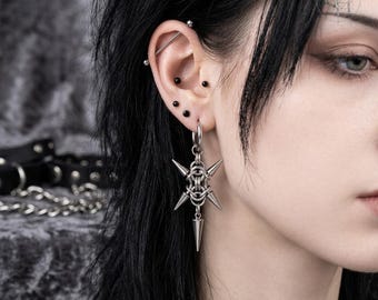 Silver Spike Hoop Earrings, Gothic Punk Rivet Dangle Accessory
