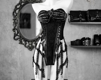 Black Gothic Corset Dress, Skeletal Hand Lace Skirt, Crushed Velvet Grunge Outfit