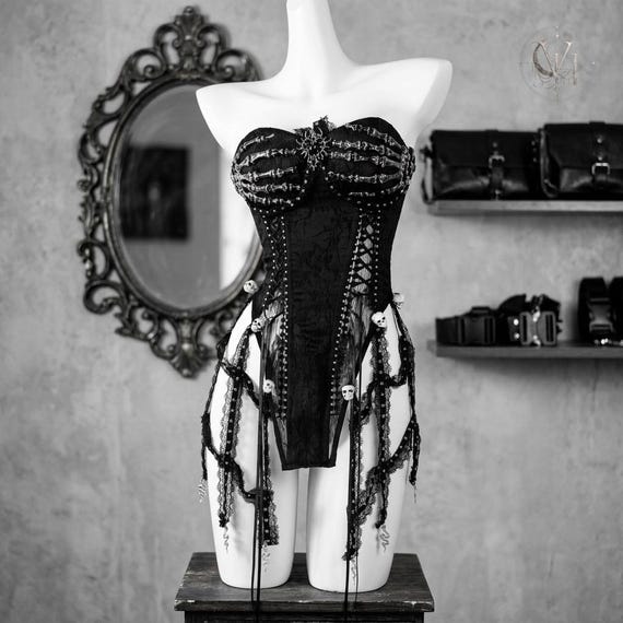 Black Gothic Corset Dress, Skeletal Hand Lace Skirt, Crushed Velvet Grunge Outfit