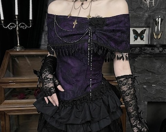 Dark Purple Lace Off Shoulder Top, Gothic Lolita Ruffle Blouse, Grunge Aesthetic Clothing