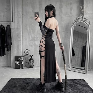 Black Halter Midi Dress, Goth Lace Up Cut Out Gown, Grunge Y2K Partywear