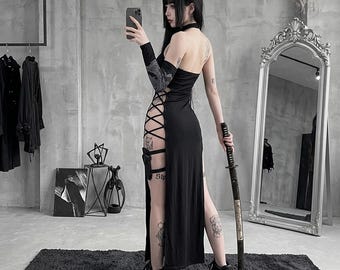 Black Halter Midi Dress, Goth Lace Up Cut Out Gown, Grunge Y2K Partywear