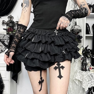 Black Ruffled Gothic Skirt, Cross Pendant Culottes, Layered Fairycore Punk Cake Shorts
