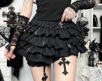 Black Ruffled Gothic Skirt, Cross Pendant Culottes, Layered Fairycore Punk Cake Shorts