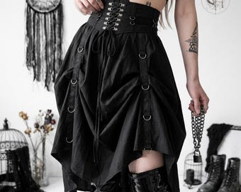 Black High Waisted Goth Skirt, Metal Eyelet Grunge A-Line Alternative Clothing