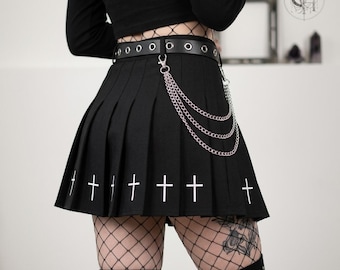 Black Cross Print Pleated Skirt, Goth Punk High Waist Mini, Harajuku Grommet Belt