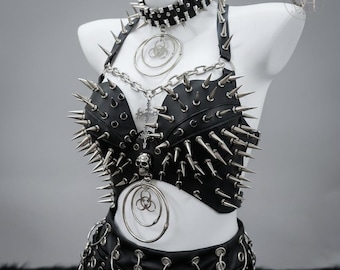 Black Spiked Skull Tank Top, Gothic Punk Chain Vest, Edgy Y2K Leather Crop