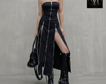Black Midi Dress, Cyber Goth Zip Up Outfit, Y2K Techwear Split Tube Partywear