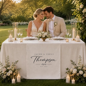 May include: A white wedding table runner featuring the printed text JACOB & EMILY Thompson EST. 2024 in black ink. The runner is draped over a table set with white floral arrangements, clear glass candle holders with white candles, and glassware.