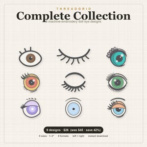 Colección completa: paquete de 9 diseños de ojos de muñeca para bordado a máquina, 5 tamaños, 8 formatos, descarga instantánea.