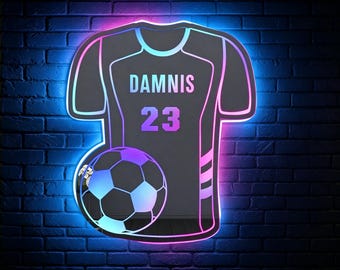 Custom Soccer Jersey Mirror LED Neon Sign, Personalized Name Number Football Mirror Wall Light, Sports Gift for Teen Boys Soccer Fans