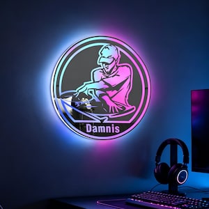 Personalized Circular DJ Acrylic Mirror Neon Light, Custom Name Disc Jockey LED Sign,  Unique Gift for Music Producer Club DJ
