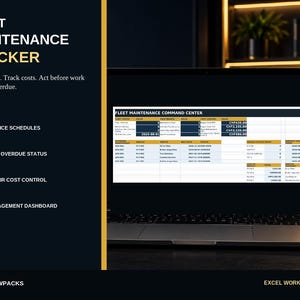 Op de afbeelding: Een digitale vlootonderhoudstracker weergegeven op een laptopscherm. De interface bevat een commandocentrum met kolommen voor voertuig-ID, servicetype, vervaldata, status en kosten in CHF. De lay-out bevat secties voor planningen, status en beheer.