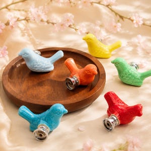 May include: A collection of five ceramic bird-shaped cabinet knobs in light blue, yellow, orange, green, and red. Each knob features a detailed bird figure with a metallic silver-toned mounting base, designed for attachment to furniture drawers.