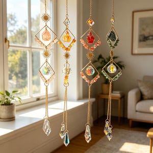 Può includere: Quattro acchiappasole sospesi con catene in metallo dorato, cornici geometriche a rombo e connettori a forma di sole. Ogni pezzo incorpora cristalli grezzi e sfaccettati nei toni del rosa, giallo, rosso e verde, terminando con prismi in vetro trasparente.