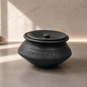 May include: A matte black clay pot with a matching lid. The pot features a rounded body with a wide opening and a tapered base. A decorative band of etched, leaf-like patterns encircles the upper portion of the pot, just below the rim.
