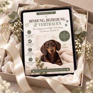 Op de afbeelding: Een tablet met een digitaal werkboek getiteld BINDUNG, BEZIEHUNG & VERTRAUEN met een foto van een zwart-bruine teckel. Het scherm bevat Duitse tekst, hartjes en pootafdrukken, gepresenteerd in een geschenkdoos met wit vloeipapier.