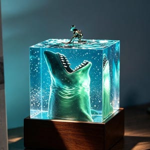 May include: A square resin block containing a submerged shark with its mouth open, featuring a small metallic surfer figure on the top surface. The clear blue resin is filled with tiny air bubbles and rests on a dark brown wooden base.