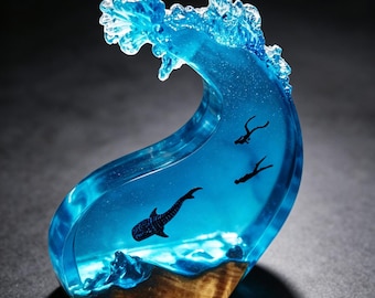Handcrafted Wooden Giant Wave Resin Night Light, Custom Whale Shark Diver Epoxy Resin Light, A Unique Surfer/Ocean Diver Gift.
