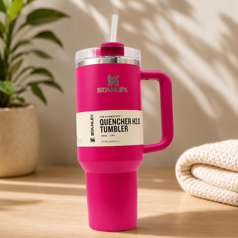 May include: A bright pink Stanley Flowstate Quencher H2.0 tumbler with a 40 oz capacity. The tumbler features a large side handle, a clear lid with a matching pink rotating cover, and a clear straw. A product label is wrapped around the center.