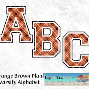 Letras del alfabeto universitario a cuadros naranja Bown Plaid Otoño Diseño de Halloween PNG para sublimación, impresión, transferencias de calor Descarga digital