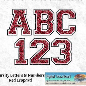 Letras y números del alfabeto universitario de leopardo Diseño de leopardo rojo PNG para sublimación, impresión, transferencias de calor Descarga digital