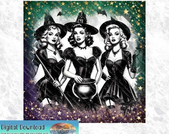 Halloween Pin-up Witches Art, Salem, Sister Witches (Digital Download)