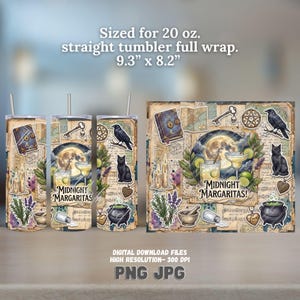 Puede incluir: Un diseño digital para un vaso recto de 20 oz que mide 9.3" x 8.2" con un collage de una luna llena, un gato negro, un cuervo, un caldero, velas, una margarita y el texto "Midnight Margaritas!" sobre un fondo de papel vintage.
