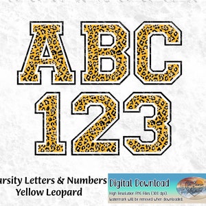 Letras y números del alfabeto universitario de leopardo Diseño de leopardo amarillo PNG para sublimación, impresión, transferencias de calor Descarga digital