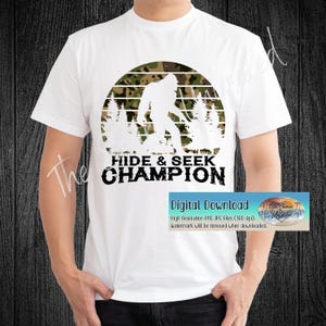 Bigfoot Hide & Seek Champion PNG | Retro Sunset Forest Sasquatch Clipart | Funny Cryptid Sublimation Design | Instant Digital Download