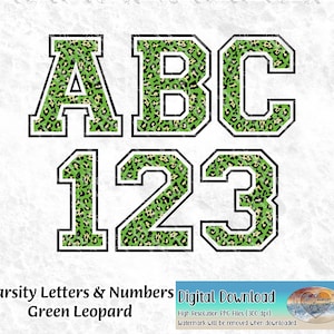 Leopard Varsity Alphabet Letters & Numbers Green Leopard Design PNG for Sublimation, Print, Heat Transfers Digital Download
