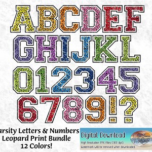 Varsity Alphabet Letters & Numbers Bundle 12 Colors Leopard Print Designs PNG for Sublimation, Print, Heat Transfers Digital Download