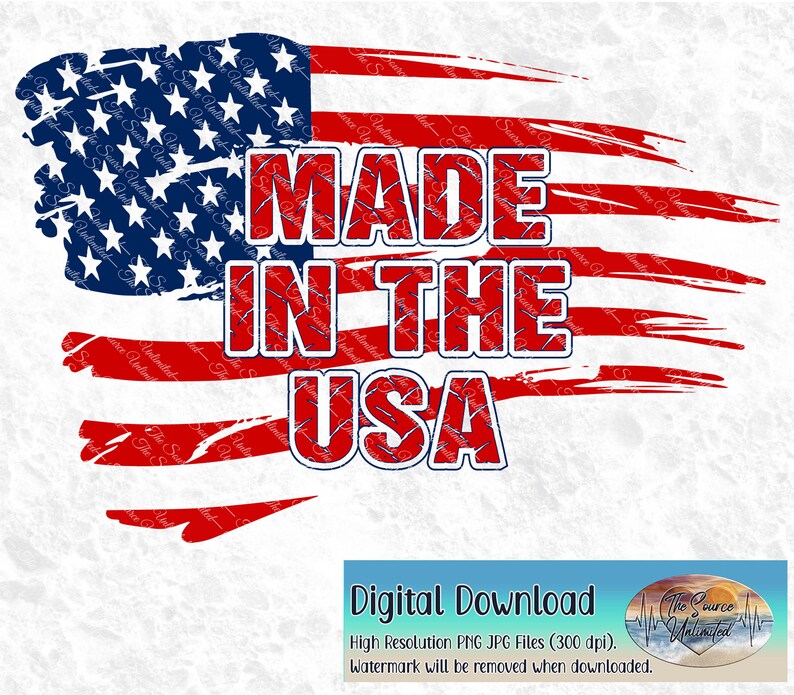 May include: A distressed American flag design with the text "MADE IN THE USA" in red and blue lettering. The text has a wire mesh pattern overlay.
