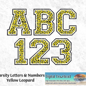 Leopard Varsity Alphabet Letters & Numbers Yellow Leopard Design PNG for Sublimation, Print, Heat Transfers Digital Download