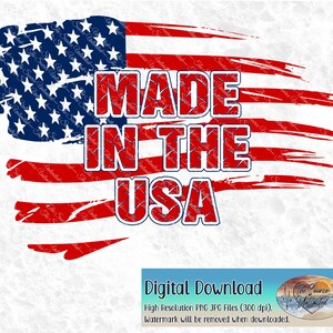 May include: A distressed American flag design with the words "MADE IN THE USA" in red and blue text. The text has a wire mesh pattern.