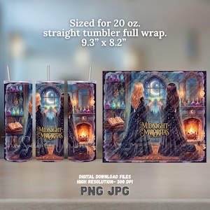 May include: A digital download file for a 20 oz. straight tumbler full wrap measuring 9.3 inches by 8.2 inches. The design features two figures in dark gowns holding margaritas before a fireplace and window with the text Midnight Margaritas.