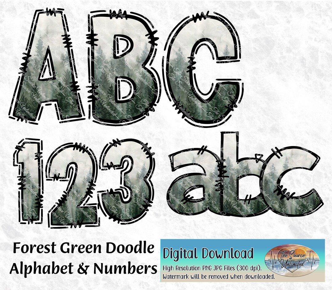 Doodle Alphabet Green Forest Scenery Green Letters Doodle Numbers ...