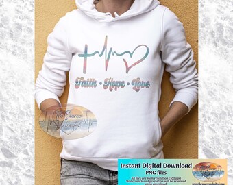 Faith Hope Love, Religious Heartbeat Cross Digital Sublimation PNG