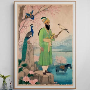Grabado japonés en madera de Guru Gobind Singh / Lienzo de arte de Guru Sikh (Edición limitada)