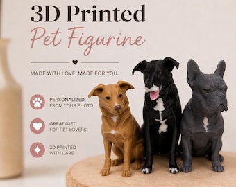 May include: Three 3D printed dog figurines in tan, black with white markings, and dark gray. Text reads: Custom 3D Printed Pet Figurine, MADE WITH LOVE. MADE FOR YOU., PERSONALIZED FROM YOUR PHOTO, GREAT GIFT FOR PET LOVERS, 3D PRINTED WITH CARE, Select up to four colors!