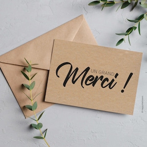 Peut inclure: Une carte de vœux rectangulaire en papier kraft avec le texte imprimé en noir UN GRAND Merci ! placé au-dessus d'une enveloppe en papier kraft assortie. Une fine tige à feuilles vertes est posée en diagonale sur l'ensemble.