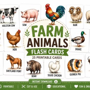 May include: A set of 25 printable farm animal flash cards featuring illustrations of a Holstein cow, sow, rooster, ram, ewe, billy goat, hen, drake, gander, tom, Shetland pony, boar, silkie chicken, guinea pig, and yak with text labels.