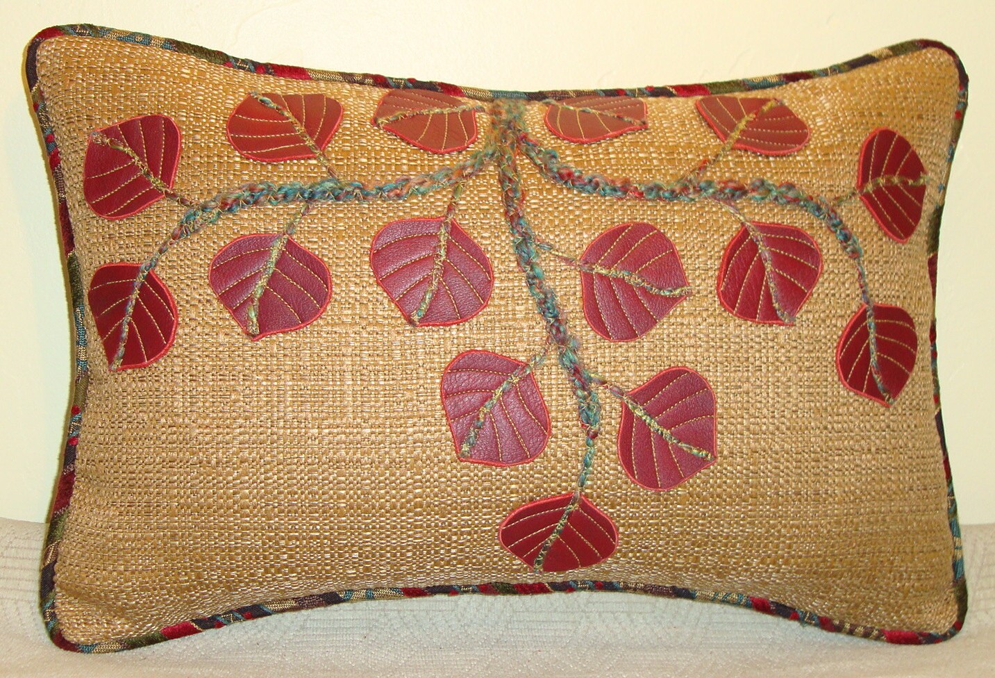 Aspen Branch Pillow with Dark Red Leather Aspen Leaves on Etsy
