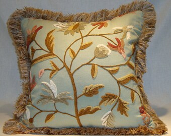Kravet Couture Crewel-Work Pillow Floral Stitched Wool on Pale Teal Linen w/Similar Fringe 18 x 18 w/Down Fill (MTO)