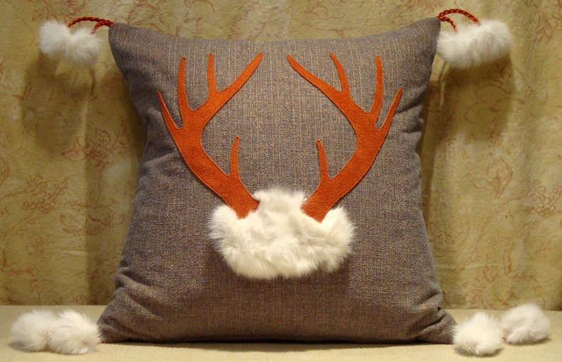 Deer Antler Pillow with Orange Suede on Blue/Gray Chenille Etsy