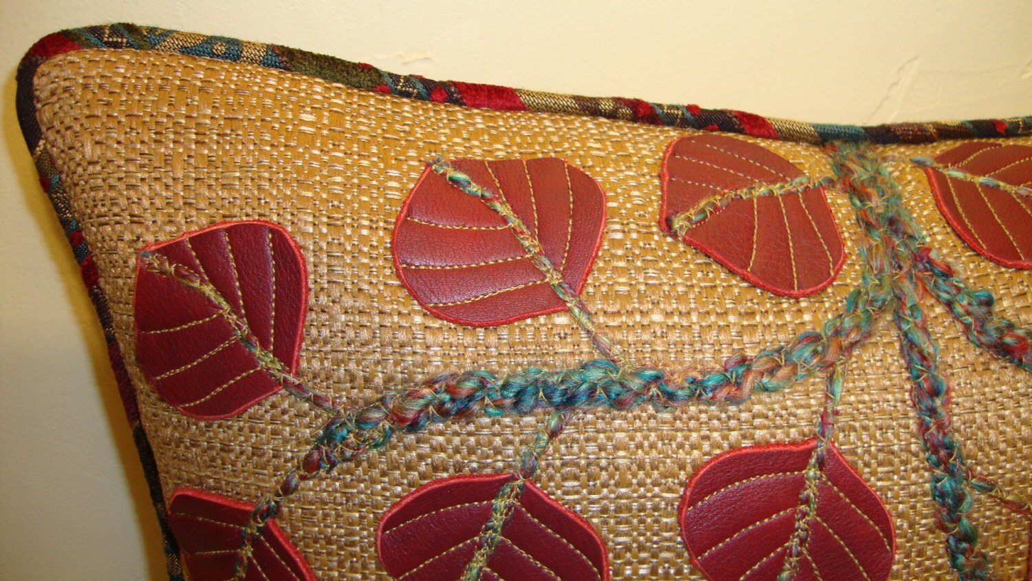 Aspen Branch Pillow with Dark Red Leather Aspen Leaves on Etsy