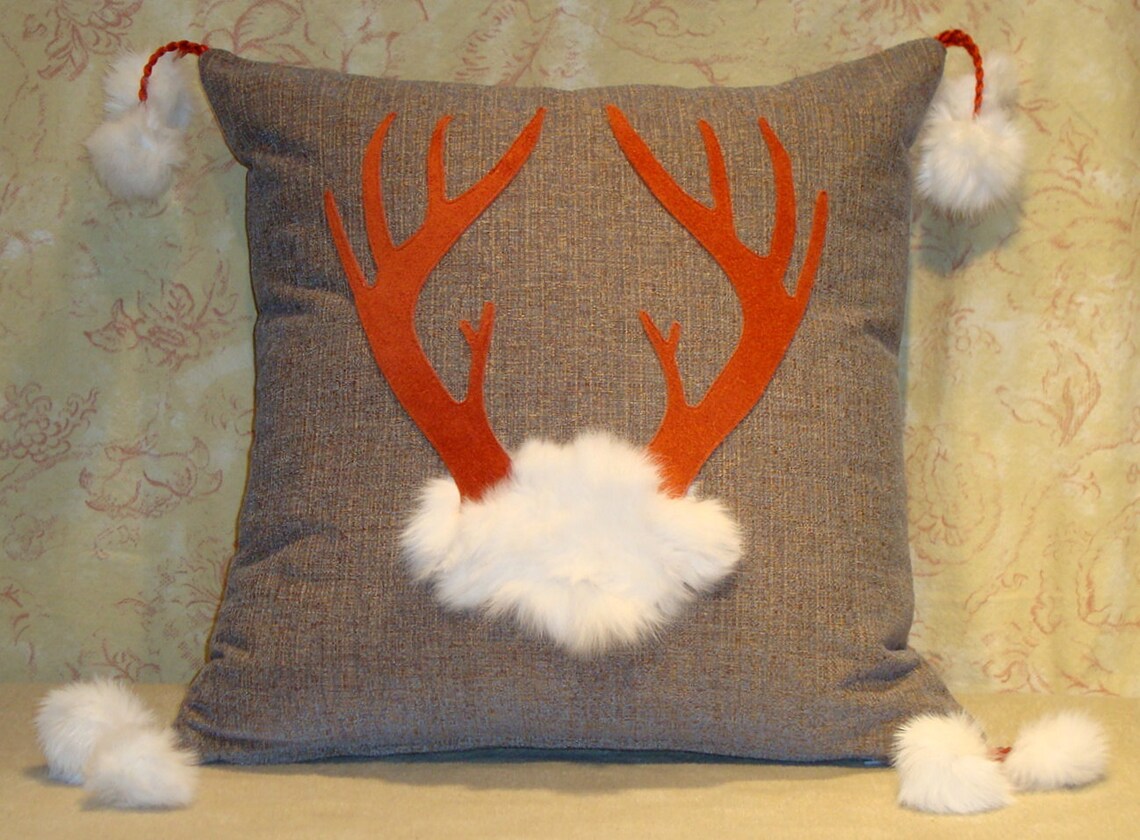 Deer Antler Pillow With Orange Suede on Blue/gray Chenille Etsy