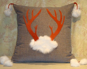 Deer Antler Pillow with Orange Suede on Blue/Gray Chenille with White Rabbit Fur Details. 18" x 18" w/down fill (Made to Order)
